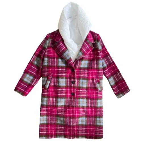 2 Piece Pink tartan wool coat with removable hooded vest