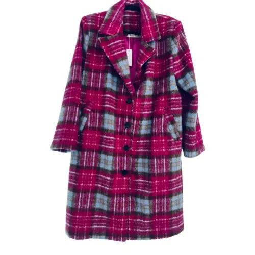 2 Piece Pink tartan wool coat with removable hooded vest