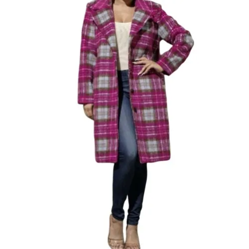 2 Piece Pink tartan wool coat with removable hooded vest