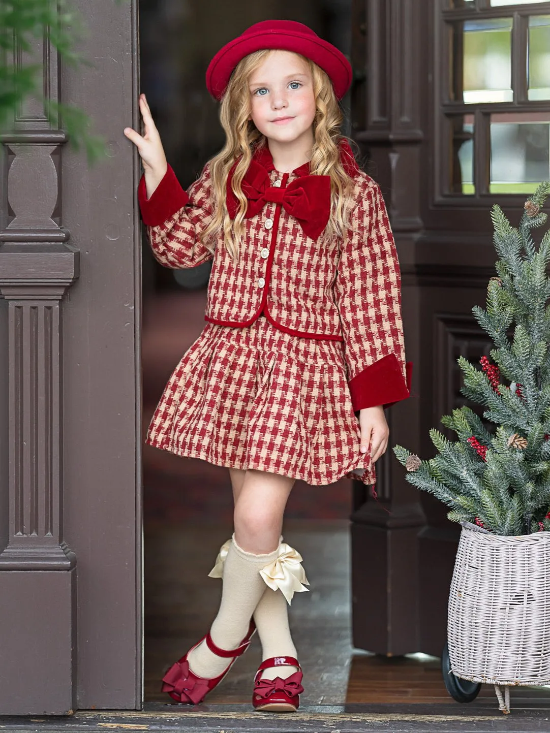 Adorable Red Velvet and Plaid Girls' Skirt and Jacket Set with Pearl Buttons