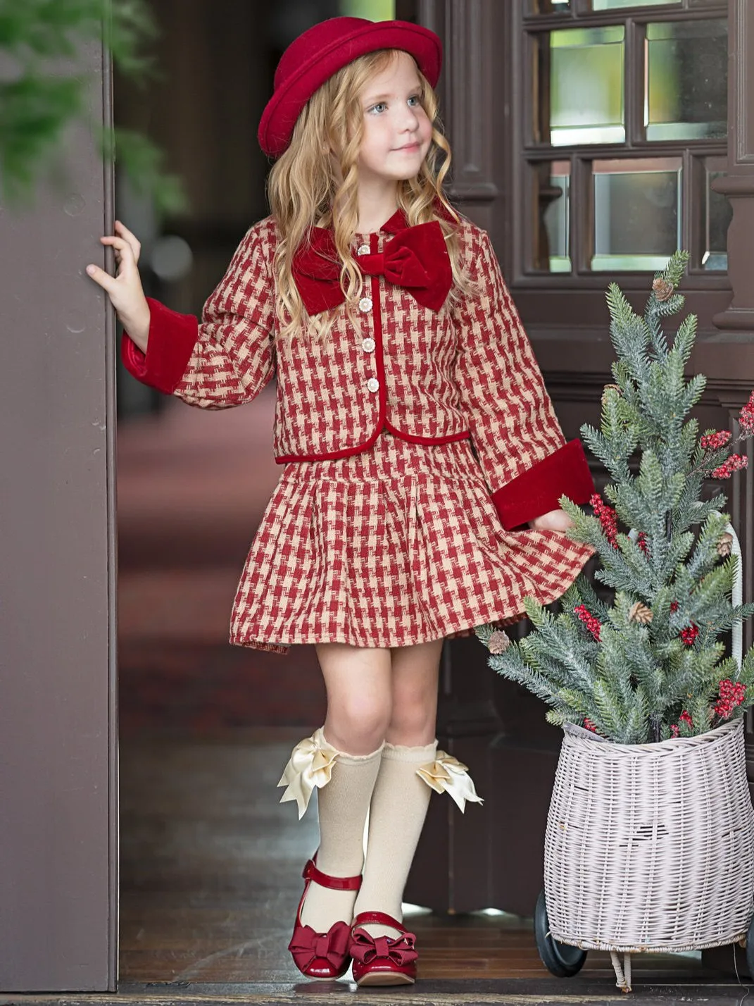 Adorable Red Velvet and Plaid Girls' Skirt and Jacket Set with Pearl Buttons