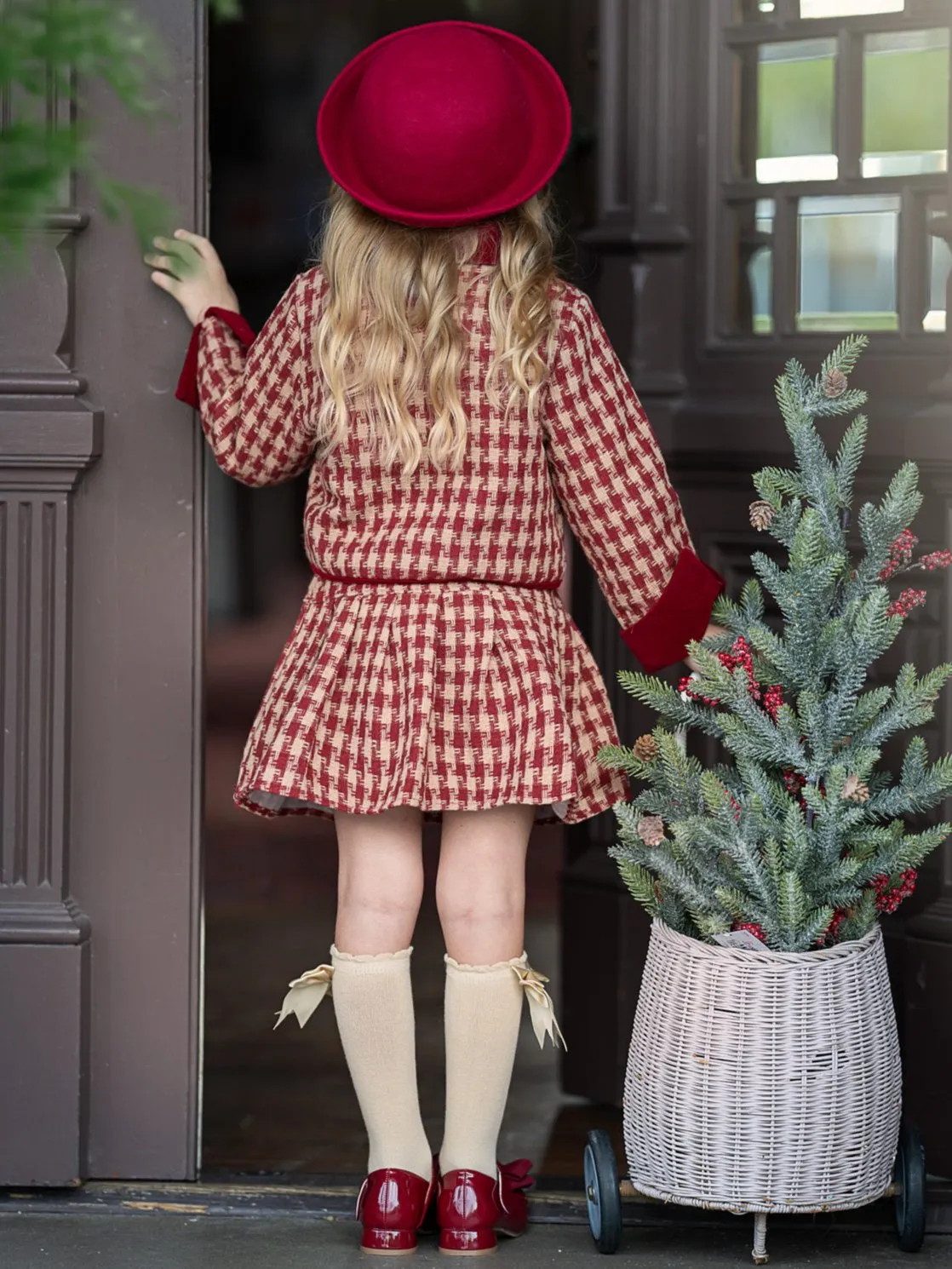 Adorable Red Velvet and Plaid Girls' Skirt and Jacket Set with Pearl Buttons