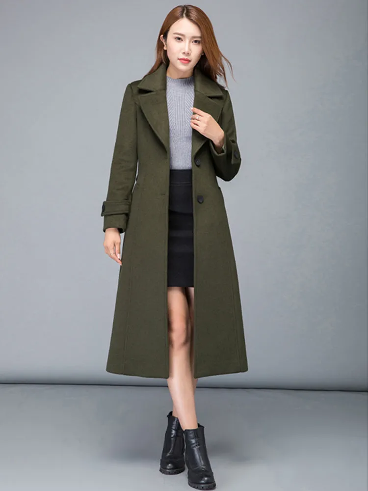 Army Green Fall Winter Midi Warm Wool Coat 2476