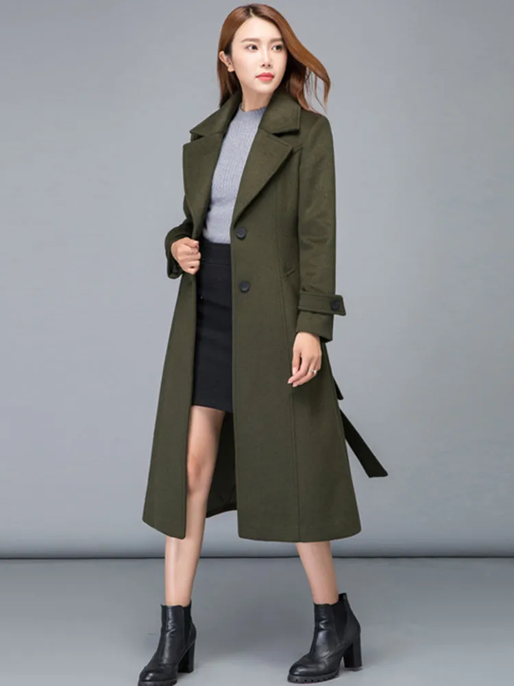 Army Green Fall Winter Midi Warm Wool Coat 2476