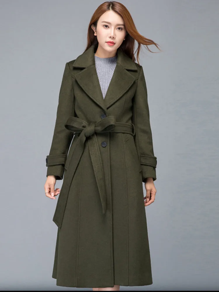 Army Green Fall Winter Midi Warm Wool Coat 2476