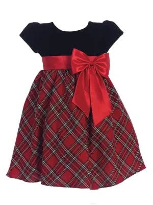 Baby Girls Red Black Velvet Plaid Taffeta Bow Christmas Dress, Sizes 3-24M