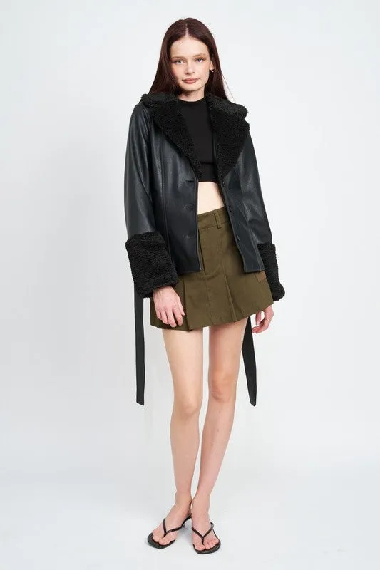 Belted Faux Leather Shearling Jacket