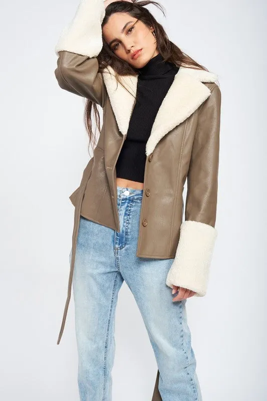 Belted Faux Leather Shearling Jacket