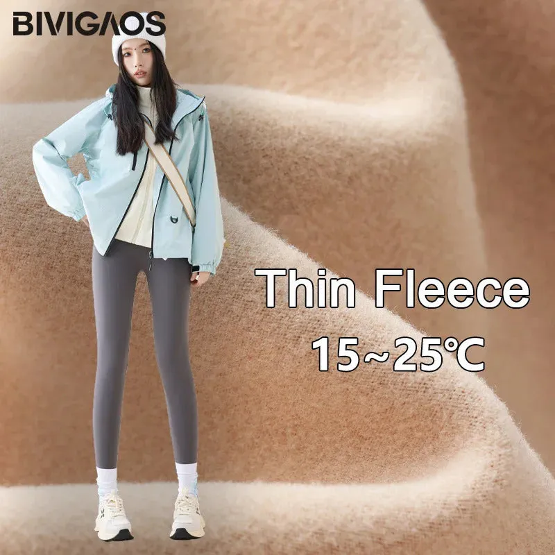 BIVIGAOS Autumn Winter High Waist Fleece Sharkskin Leggings Women Seamless Slim Tight-Fit Velvet Thickened Elastic Warm leggings