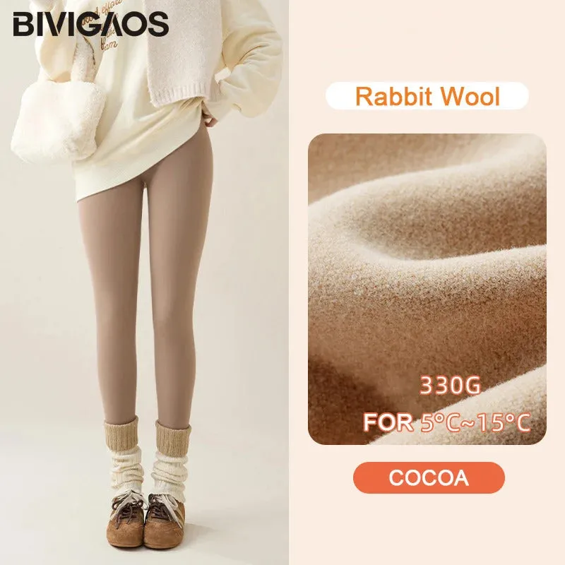 BIVIGAOS New Autumn Winter Rabbit Fleece Sharkskin Leggings Women Casual Basic Thicken Warm Leggings Brown Fleece Lined Tights