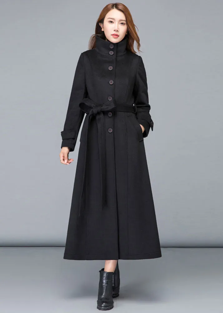 Black stand collar single breasted long wool coat 2478