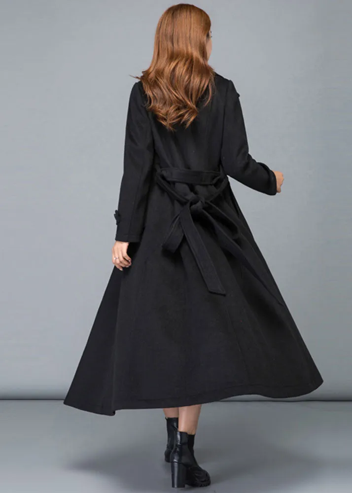 Black stand collar single breasted long wool coat 2478