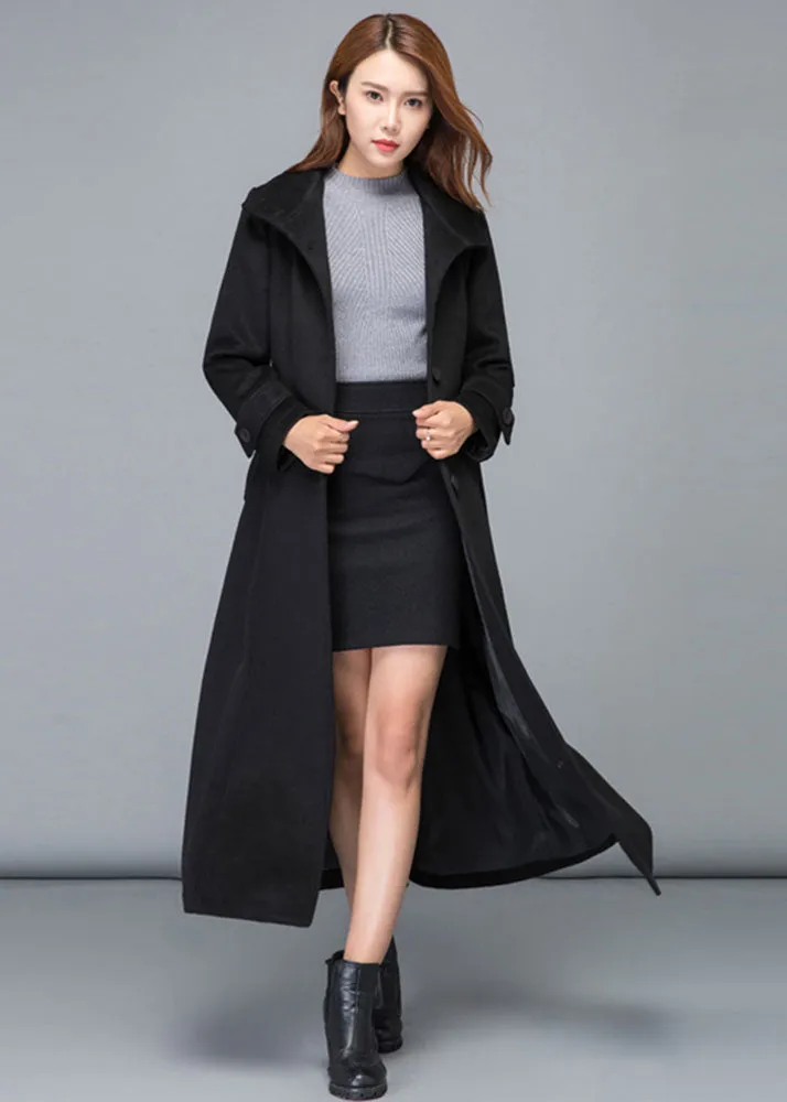 Black stand collar single breasted long wool coat 2478