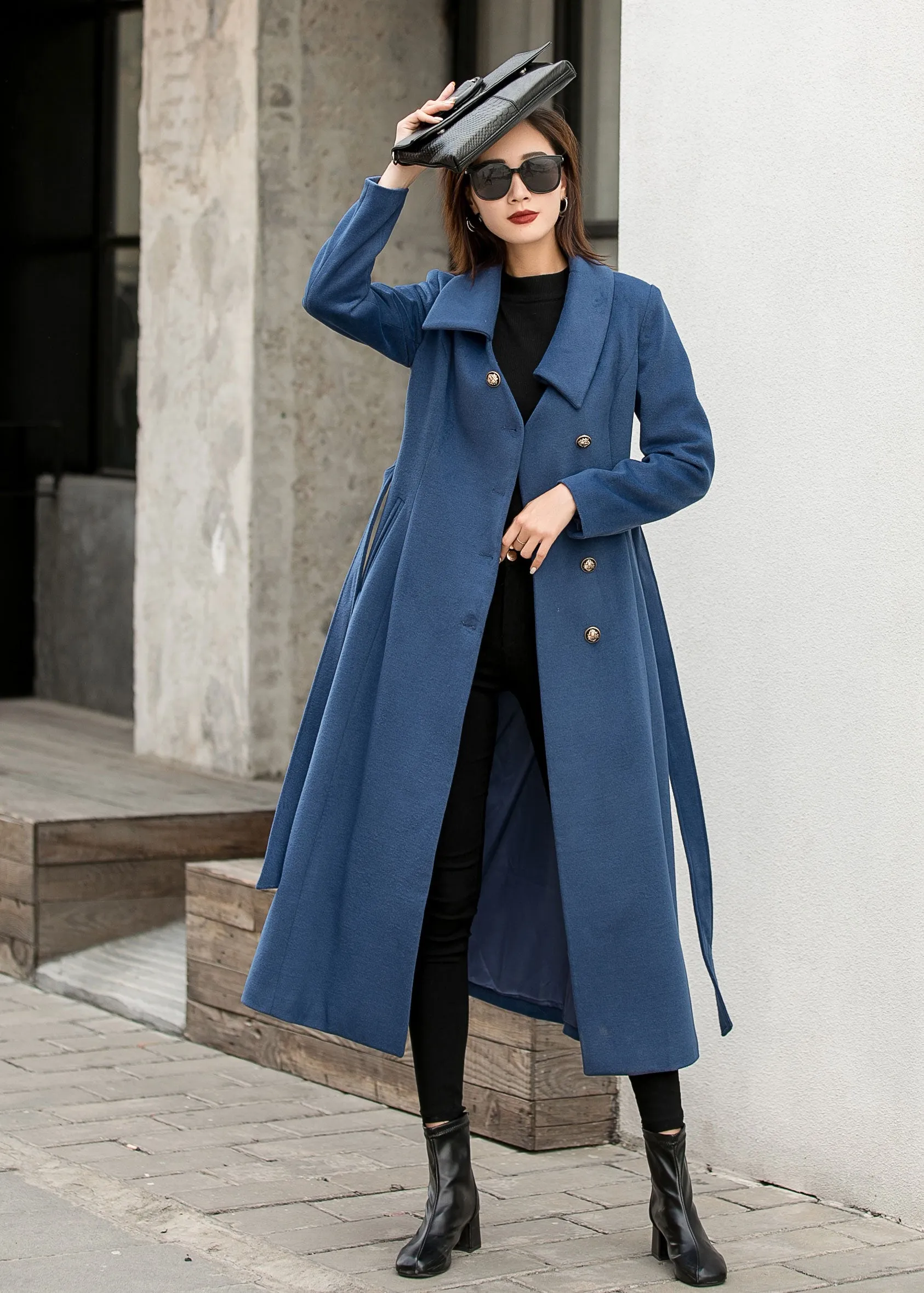 Blue Single-breasted Maxi Wool Coat Women 2841