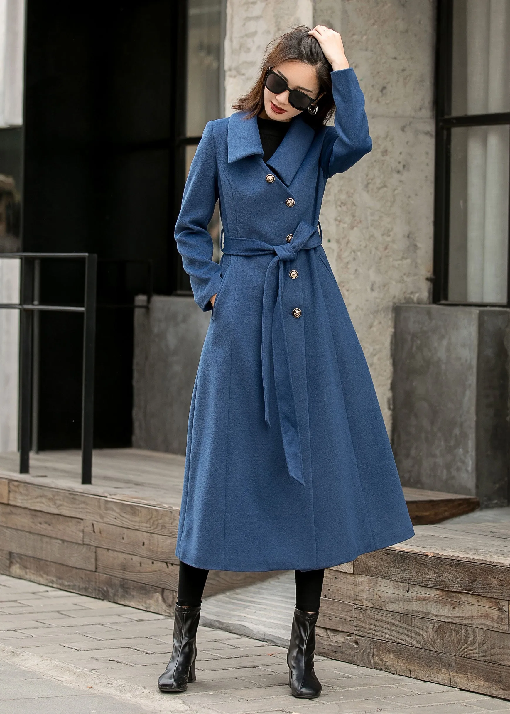 Blue Single-breasted Maxi Wool Coat Women 2841