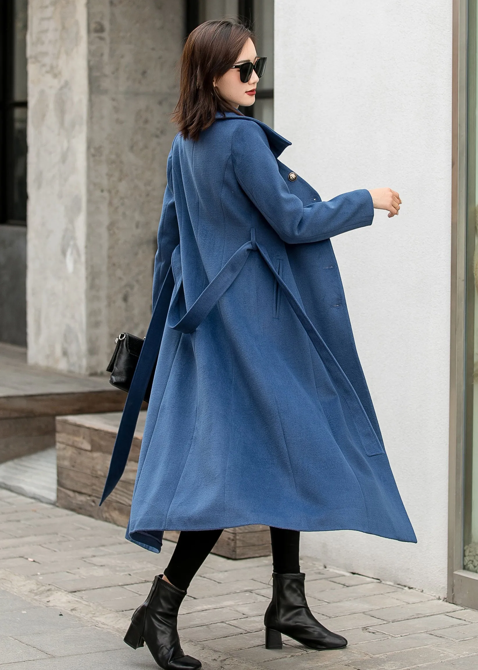 Blue Single-breasted Maxi Wool Coat Women 2841