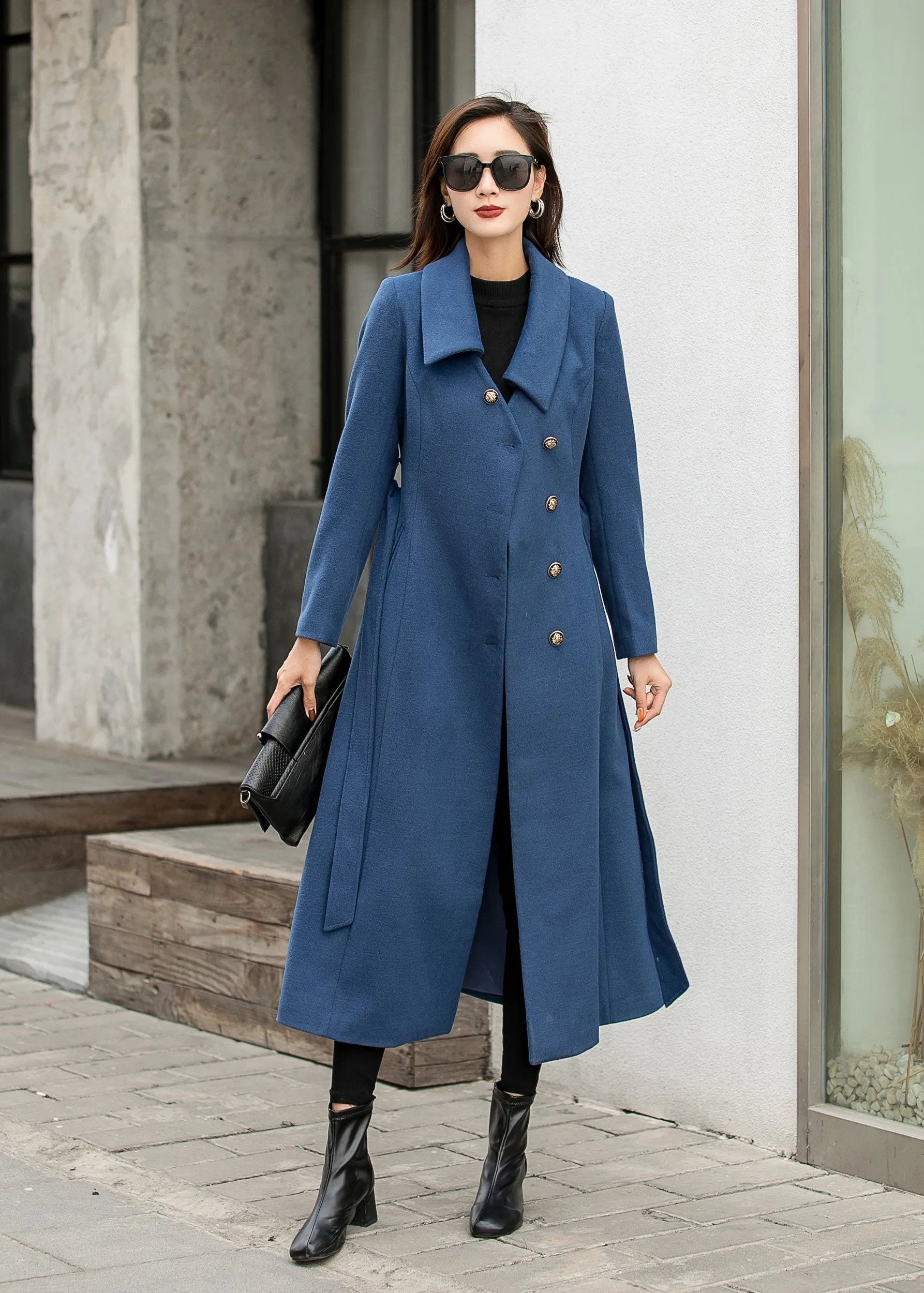 Blue Single-breasted Maxi Wool Coat Women 2841