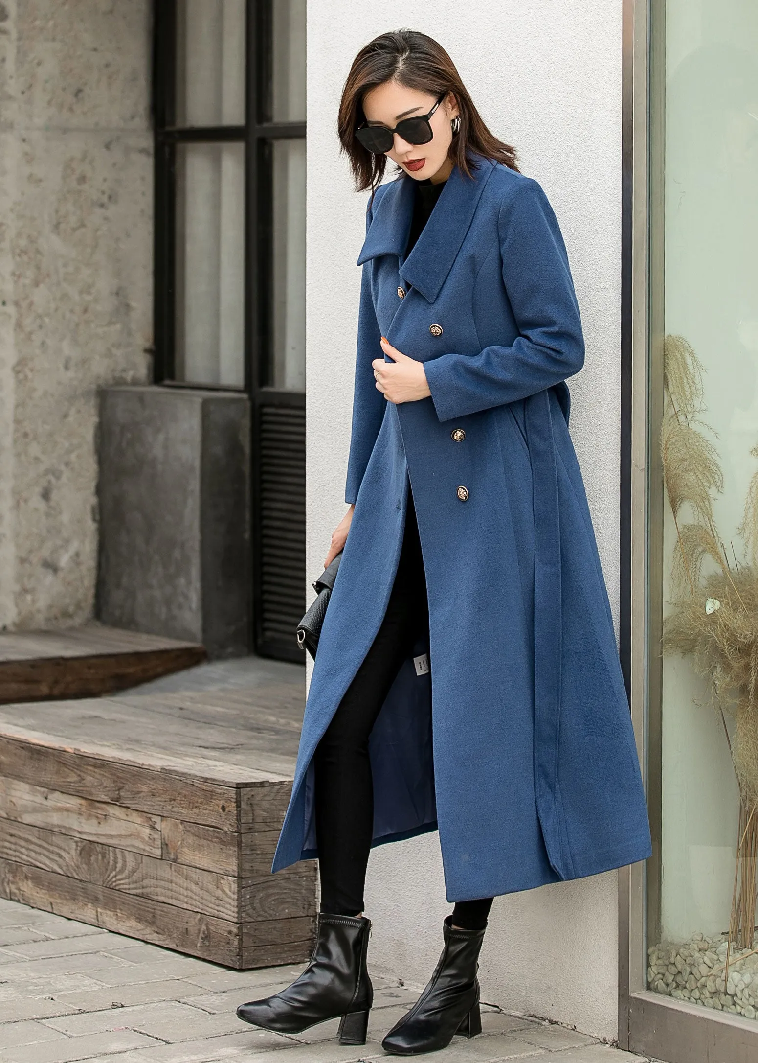 Blue Single-breasted Maxi Wool Coat Women 2841