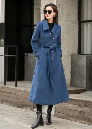 Blue Single-breasted Maxi Wool Coat Women 2841