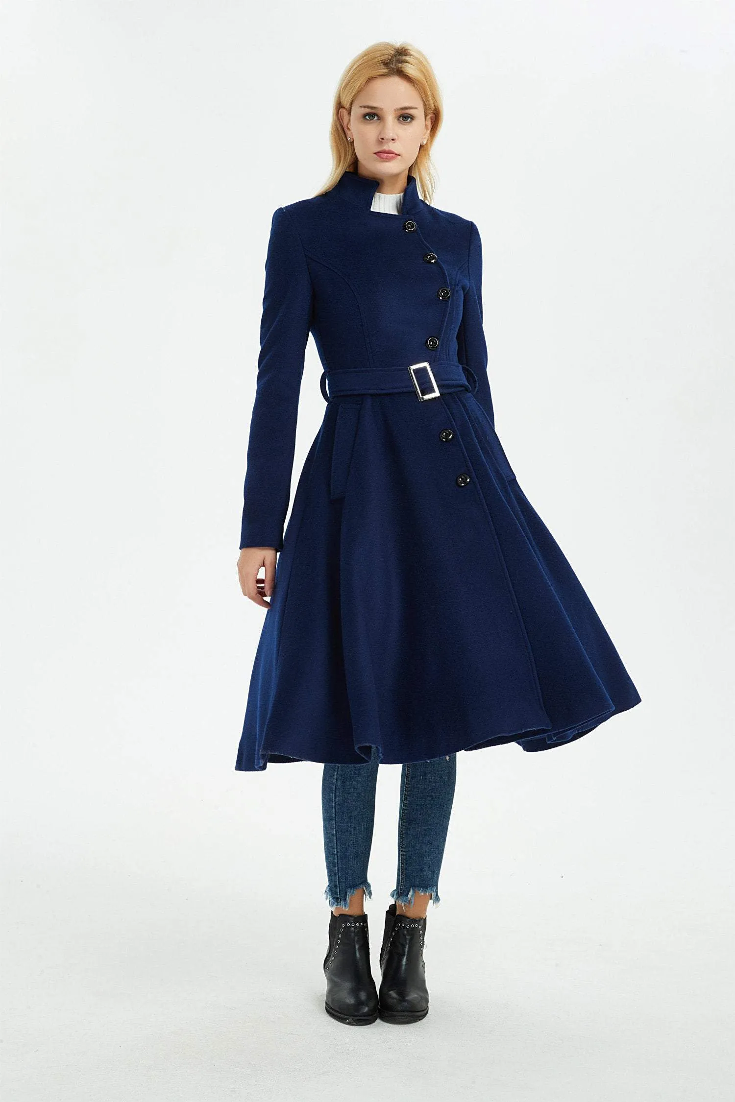 blue wool coat, winter wool coat, women coat, fit and flare coat, blue coat, warm coat, coat with pockets, winter warm coat C1372