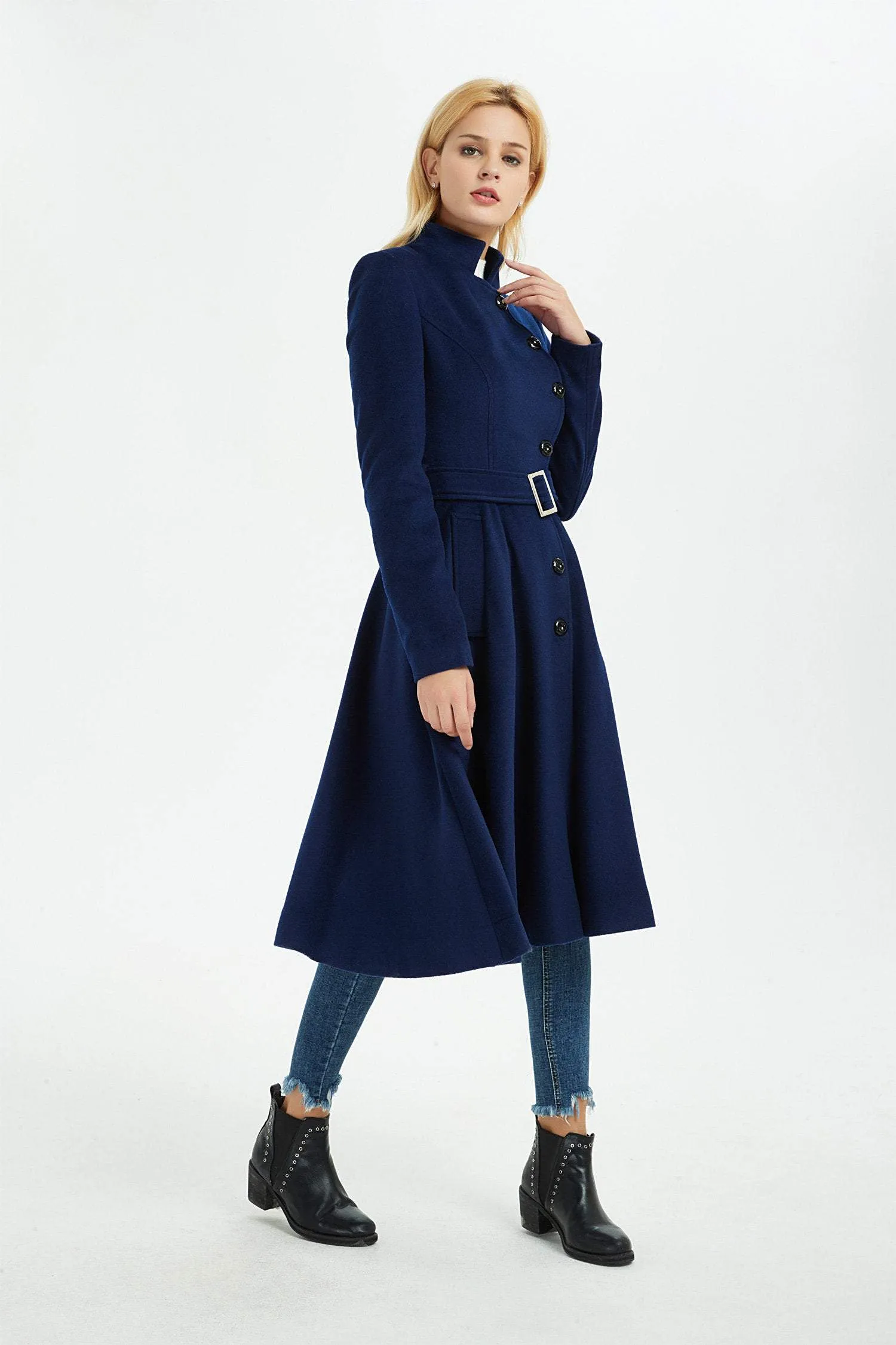 blue wool coat, winter wool coat, women coat, fit and flare coat, blue coat, warm coat, coat with pockets, winter warm coat C1372