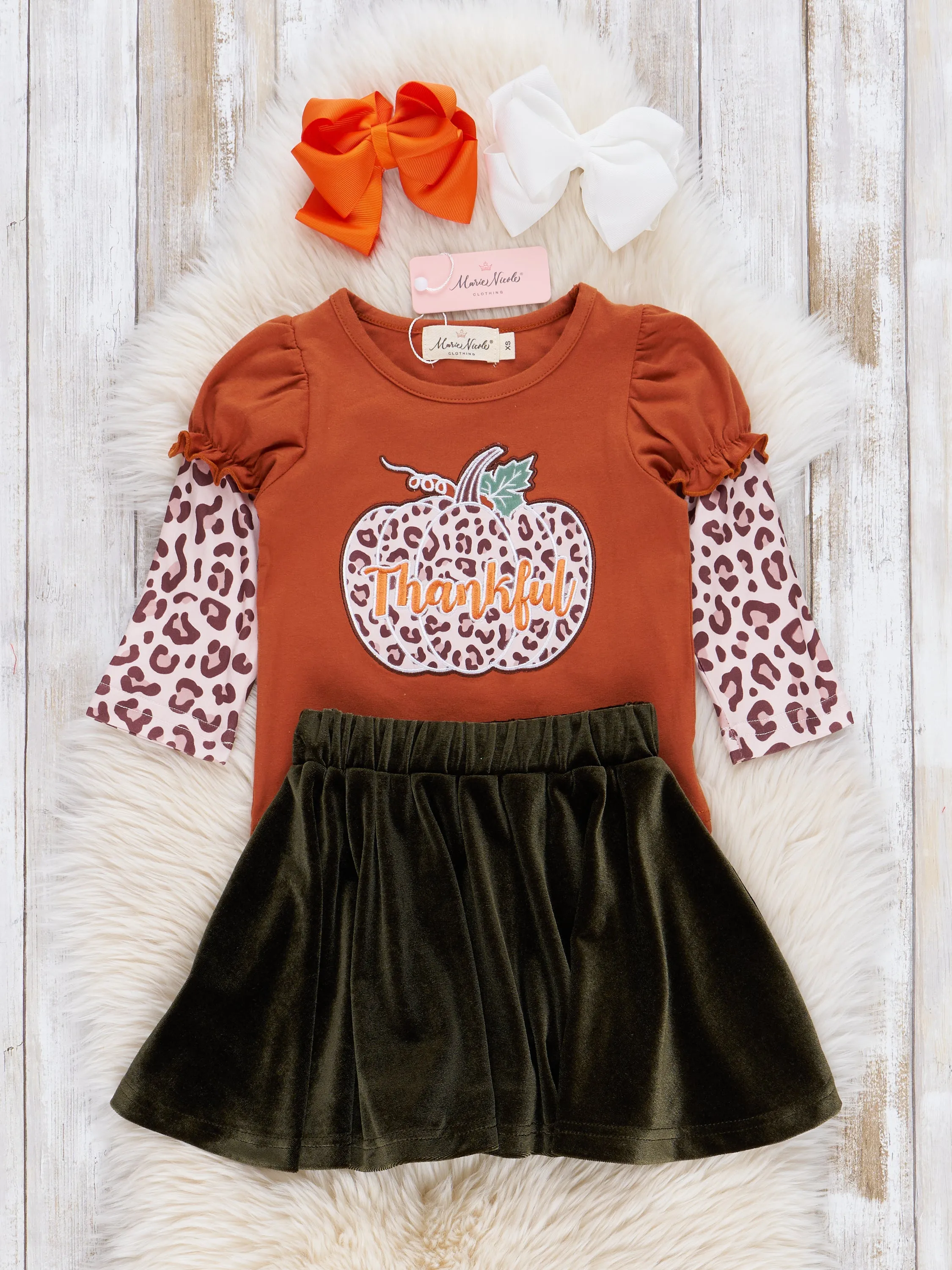 Bronze & Olive Leopard Pumpkin Velvet Outfit w/ Skirt