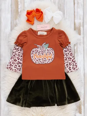 Bronze & Olive Leopard Pumpkin Velvet Outfit w/ Skirt