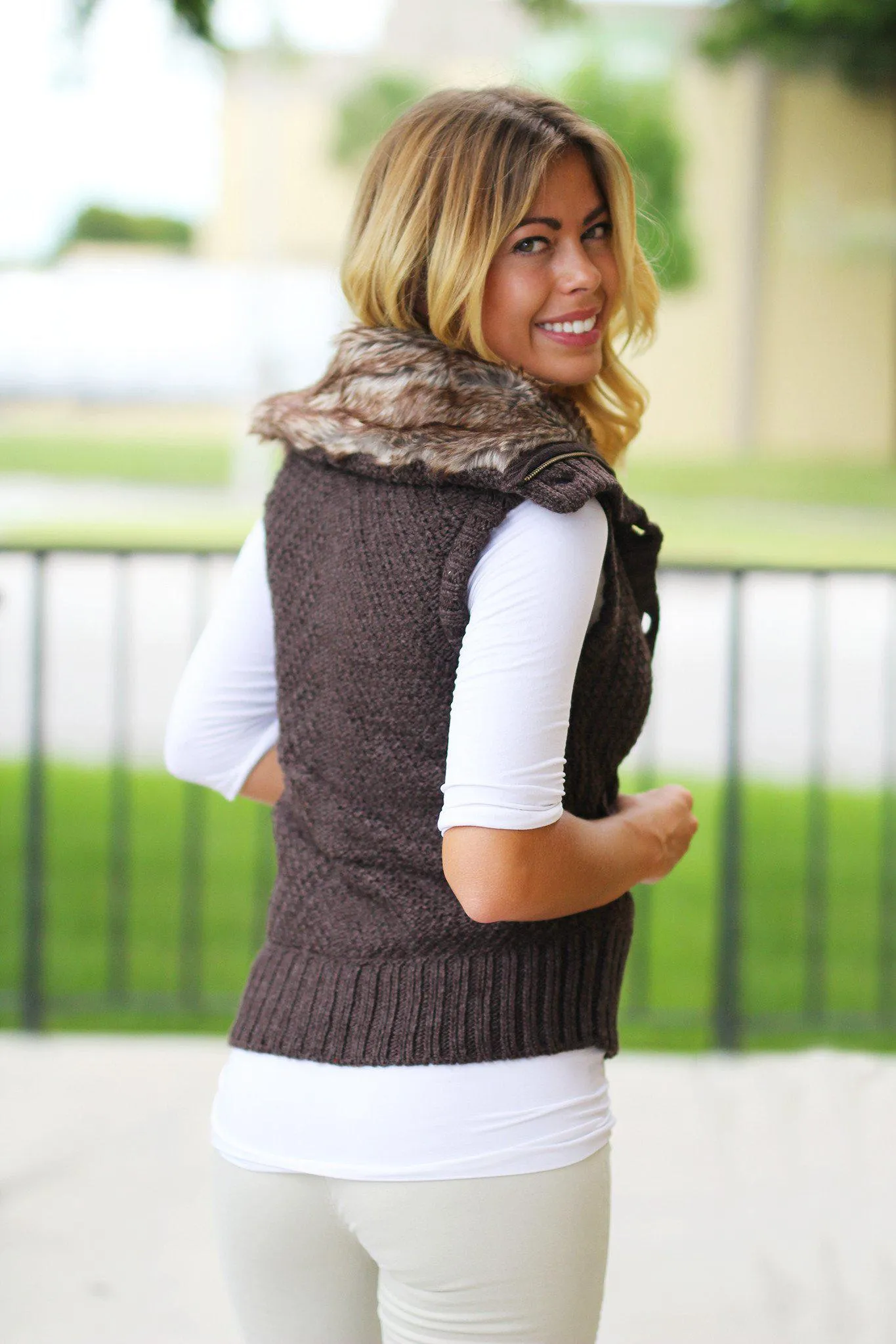 Brown Sweater Vest With Fur