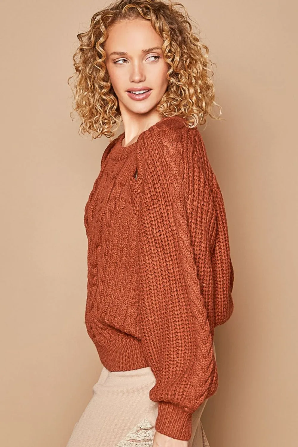 Cable Knit Cutout Long Sleeve Sweater in Fired Brick