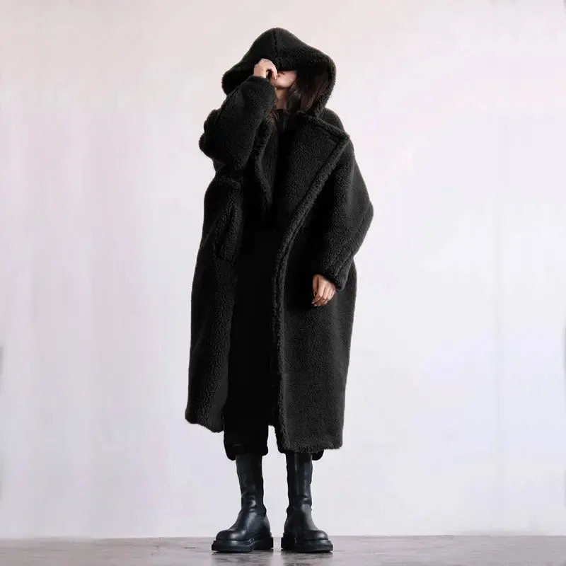 Casual faux fur coat women's coat mid to long style hooded lapel fashionable lamb wool