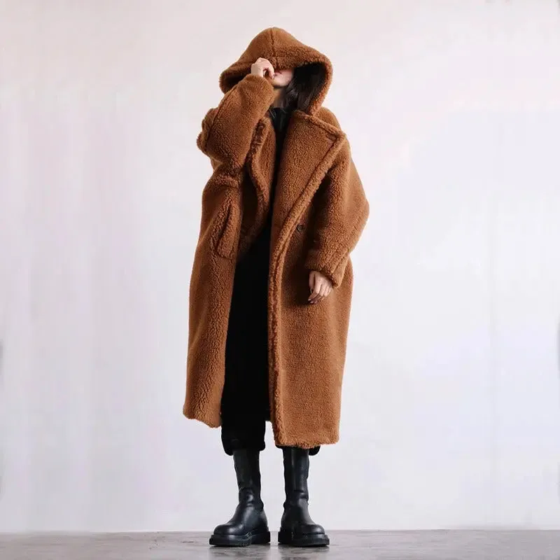 Casual faux fur coat women's coat mid to long style hooded lapel fashionable lamb wool