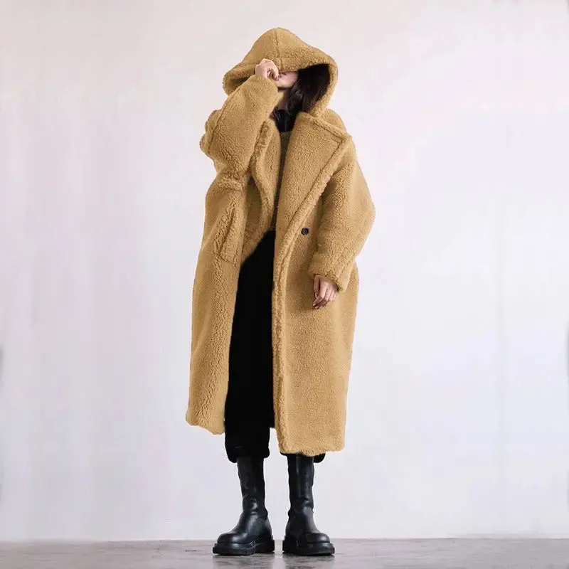 Casual faux fur coat women's coat mid to long style hooded lapel fashionable lamb wool