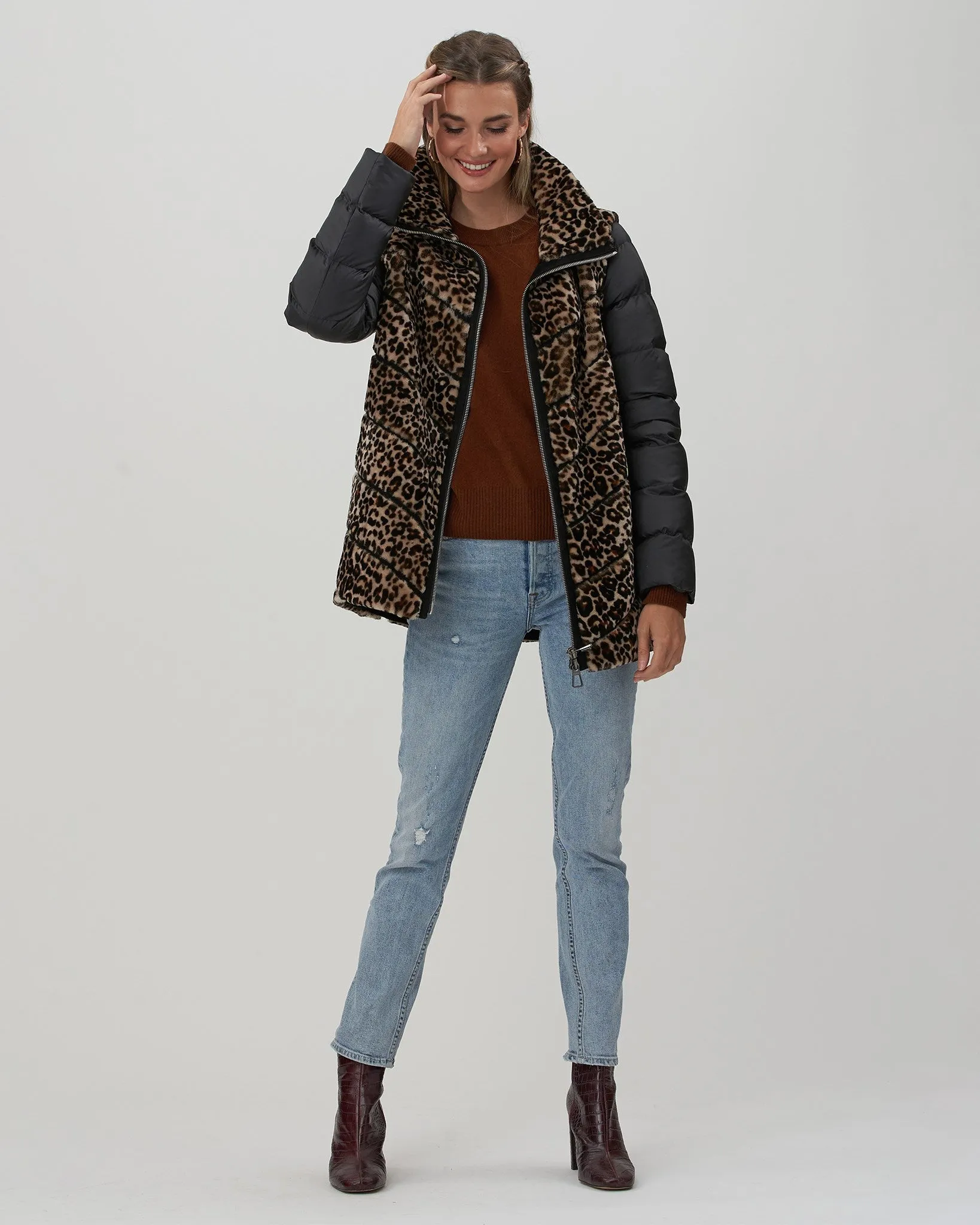 Chevron Shearling Lamb Jacket with Detachable Quilted Sleeves