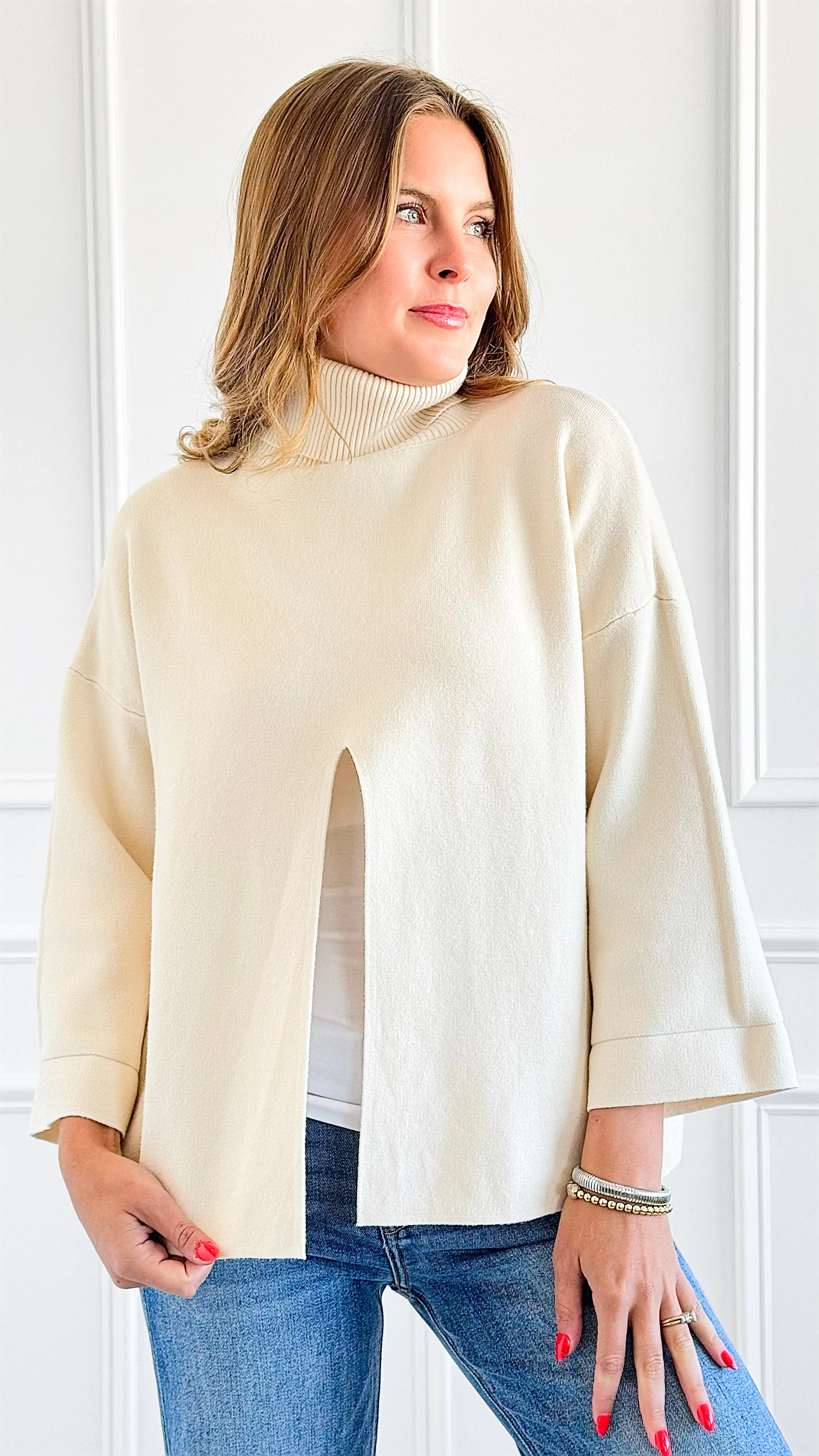 Chic Split Italian Sweater- Cream