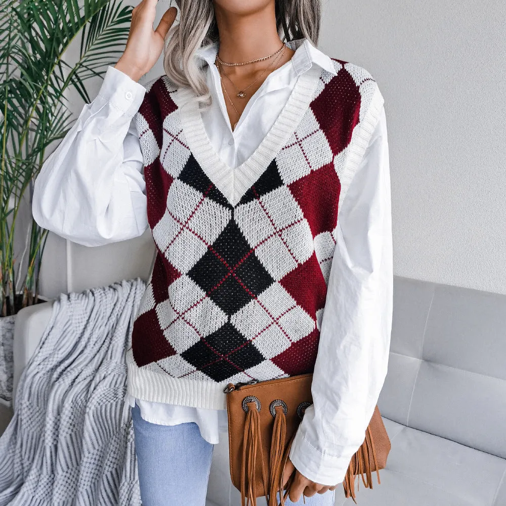 College Rhombus V-Neck Casual Loose Knitted Vest Sweater