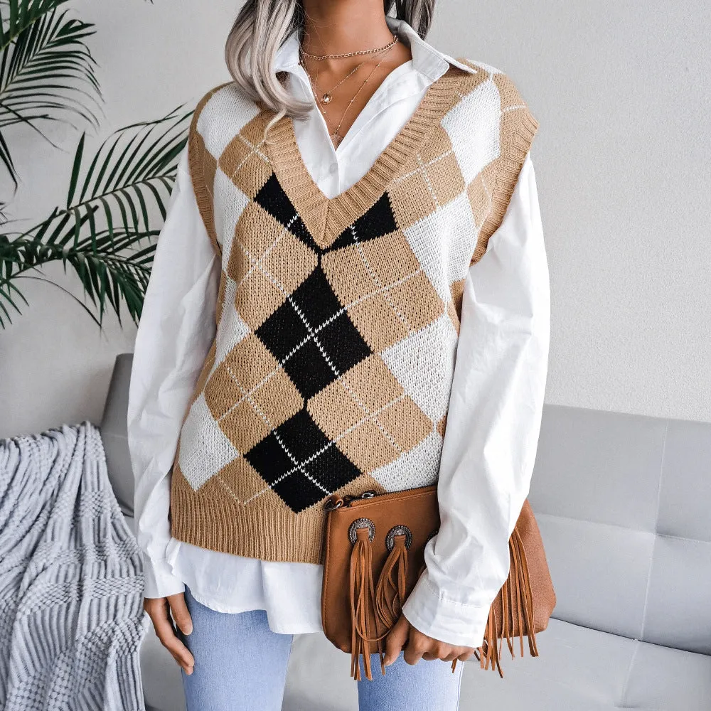 College Rhombus V-Neck Casual Loose Knitted Vest Sweater