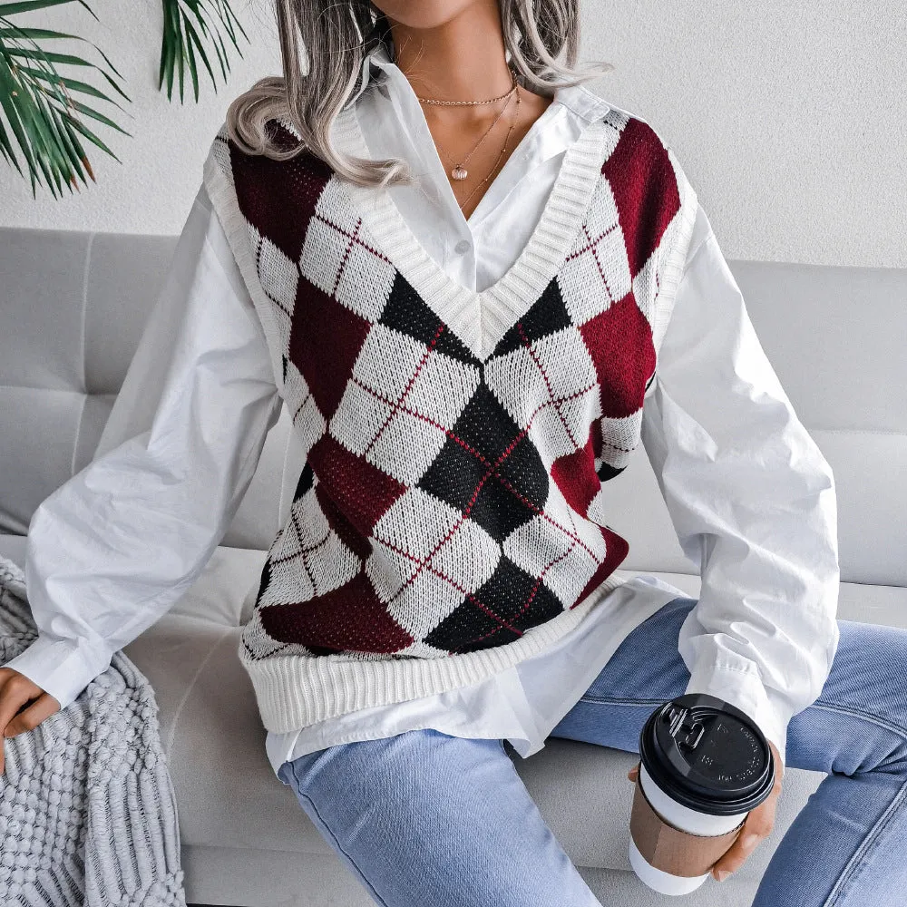 College Rhombus V-Neck Casual Loose Knitted Vest Sweater