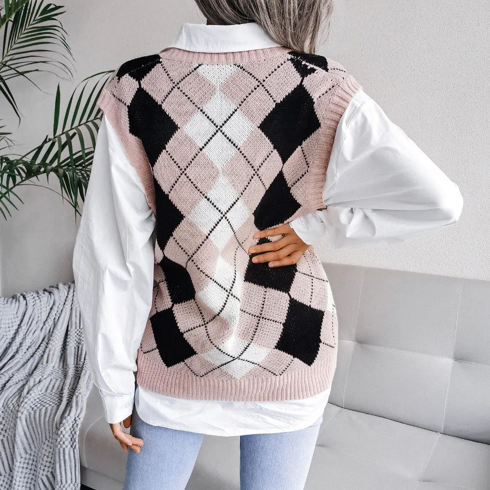 College Rhombus V-Neck Casual Loose Knitted Vest Sweater