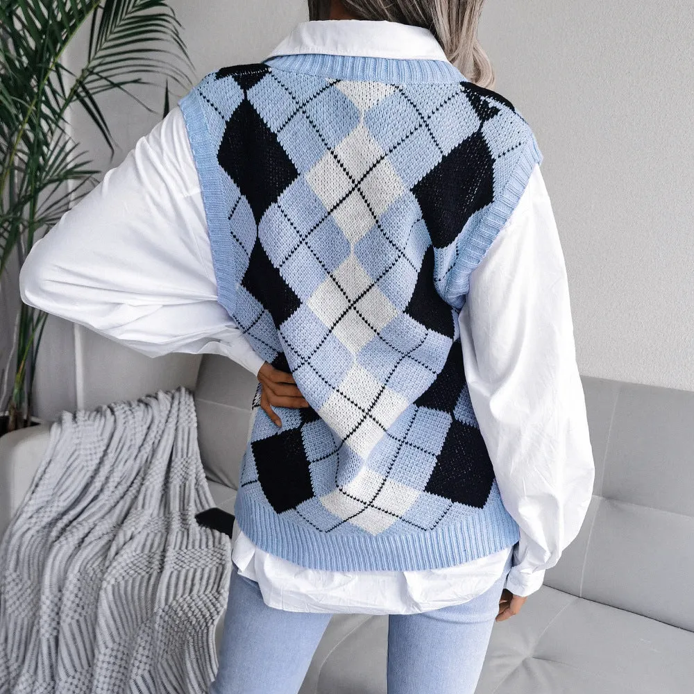 College Rhombus V-Neck Casual Loose Knitted Vest Sweater