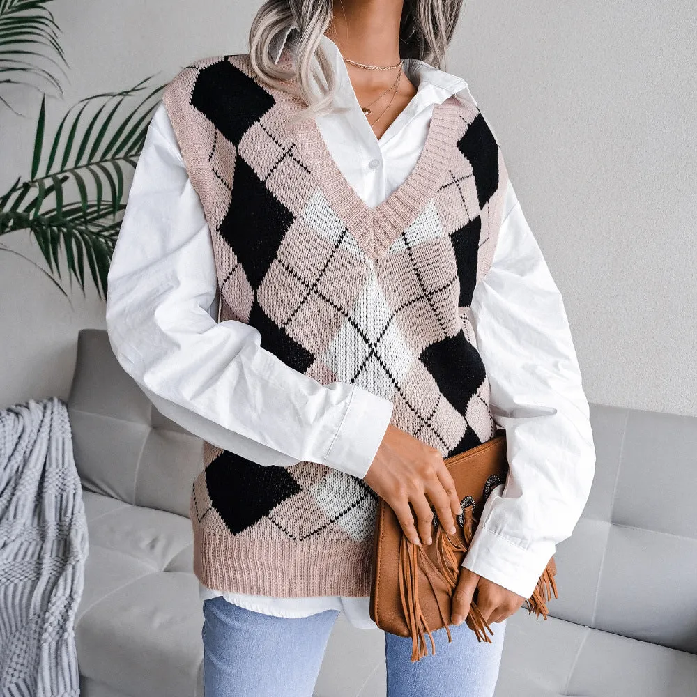 College Rhombus V-Neck Casual Loose Knitted Vest Sweater