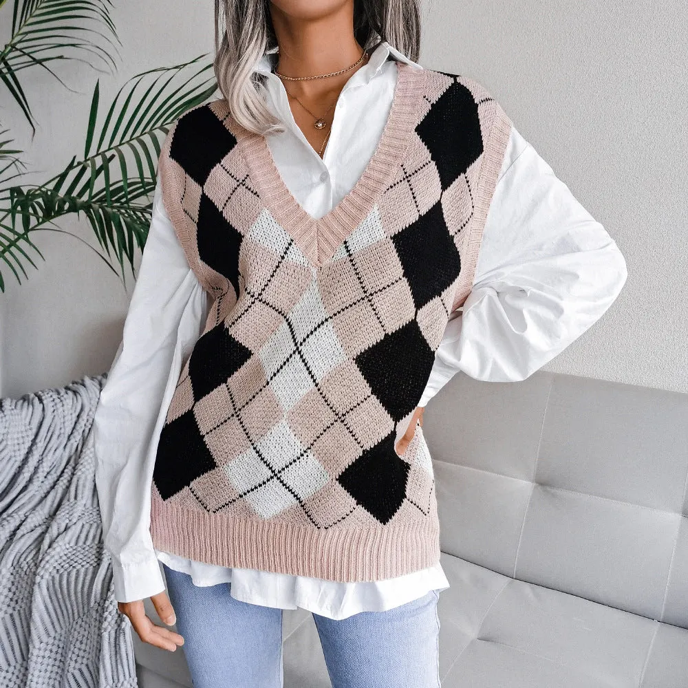 College Rhombus V-Neck Casual Loose Knitted Vest Sweater