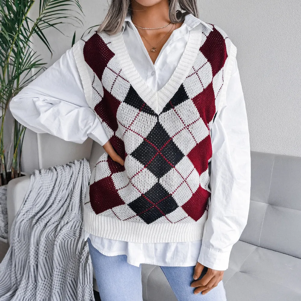 College Rhombus V-Neck Casual Loose Knitted Vest Sweater