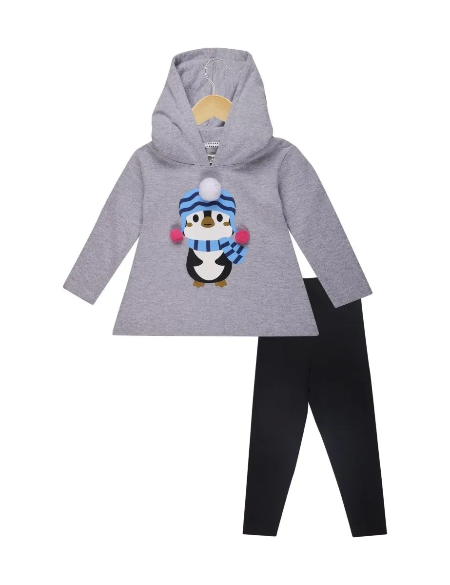 Combo of Girls Little Penguin Hooded Sweater Dress with Black Leggings