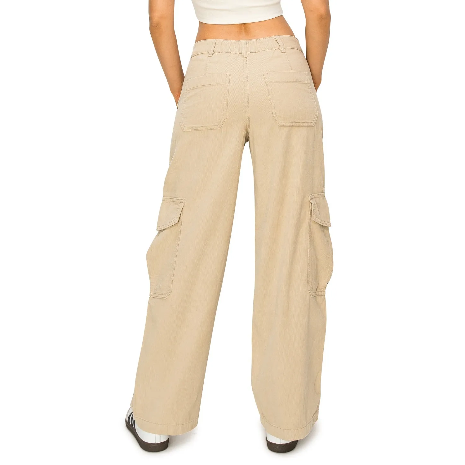 Corduroy Wide Leg Cargo Pants - Light Khaki