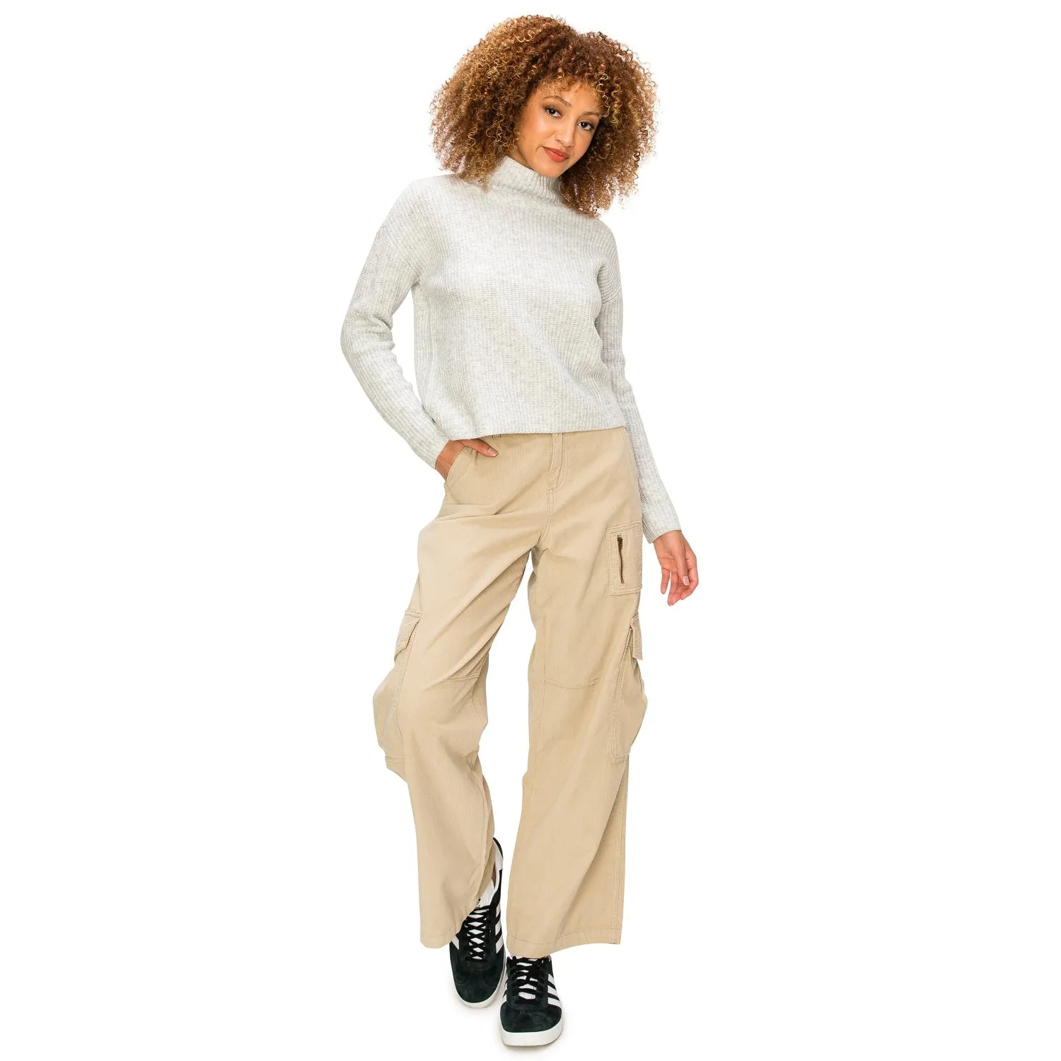 Corduroy Wide Leg Cargo Pants - Light Khaki