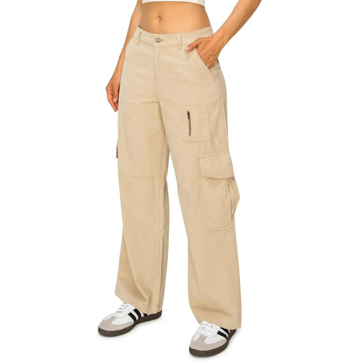 Corduroy Wide Leg Cargo Pants - Light Khaki