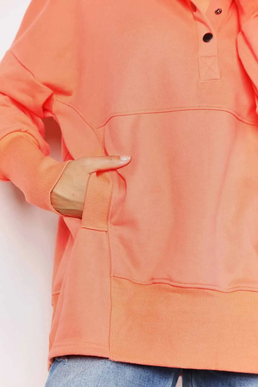 Double Take Quarter-Snap Dropped Shoulder Hoodie Tangerine