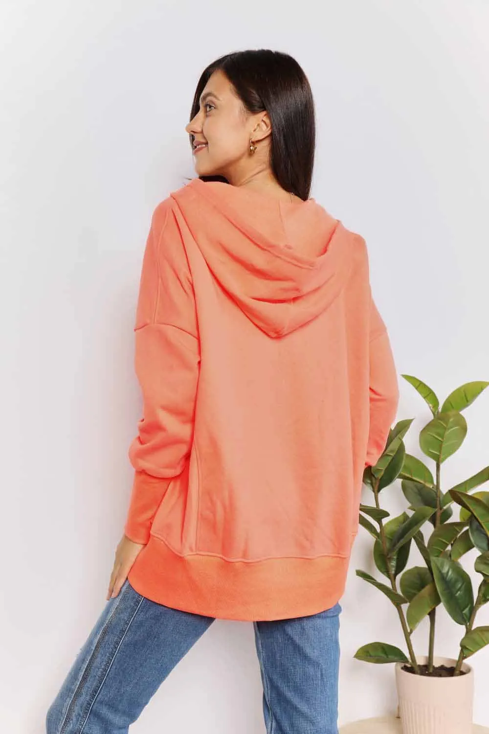 Double Take Quarter-Snap Dropped Shoulder Hoodie Tangerine