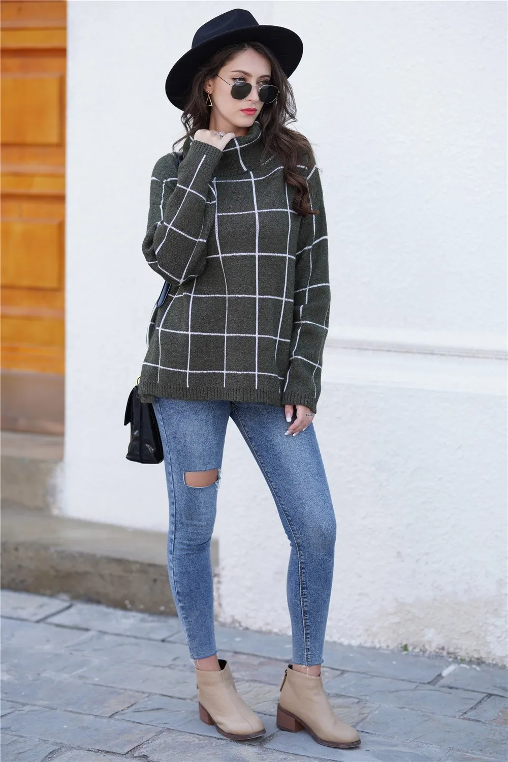 elveswallet Chic Turtleneck Loose Plaid Sweater - Khaki