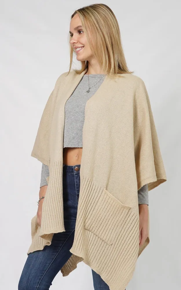 EVT10883 SOLID COLOR KNIT MULTI SHAWL CAPE W/POCKET